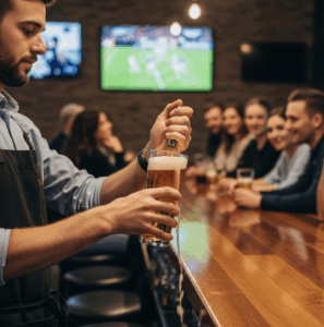 A close-up shot of a bartender pouring a beer at a lively bar counter.