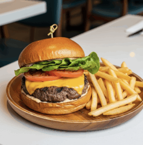A delicious gourmet burger with French fries on a wooden plate.