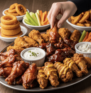 A platter of buffalo wings with dipping sauces.