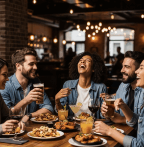 A group of friends laughing and enjoying food and drinks at a restaurant table.