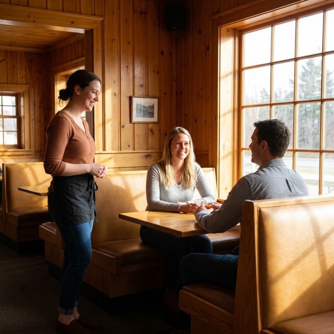 couple sitting in booth with server talking to them