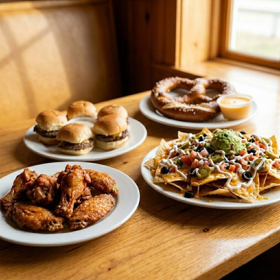 table filled with happy hour food like sliders, fries, and wings