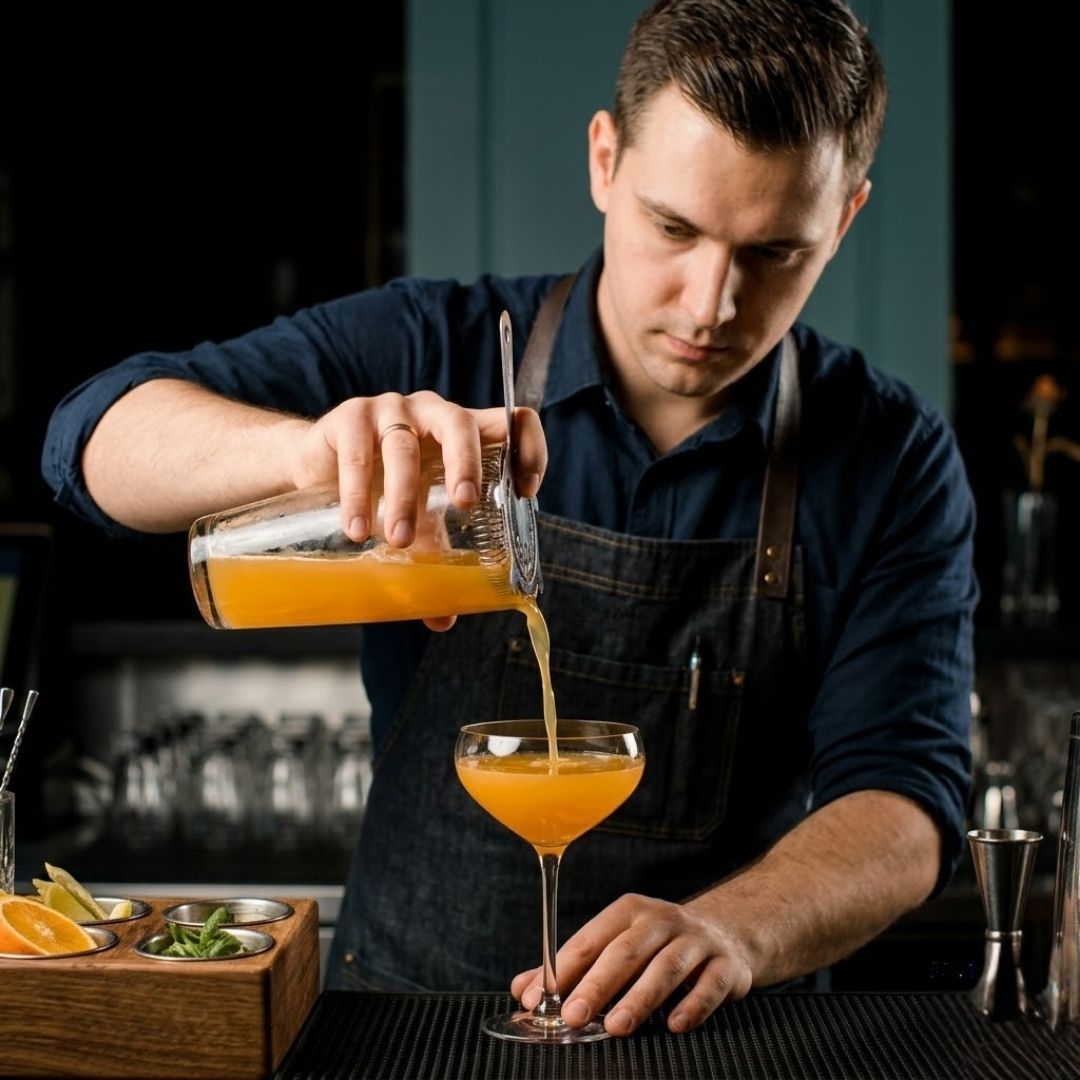 bartender pouring orange drink into cocktail glass